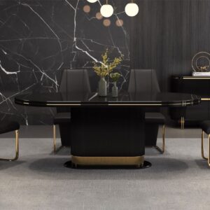 Table à manger noir brillante avec accents dorés et 6 chaises